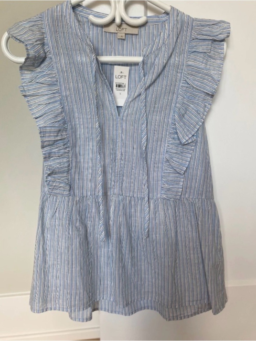 LOFT Light Blue and White Striped Ruffle Feminine Coquette Cotton Blouse